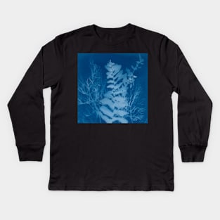 Blue Cyanotype Fern & Herbs Sun Print Kids Long Sleeve T-Shirt